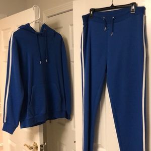 Mens Blue Hoodie & Jogger Set with white stripes (Size Medium)